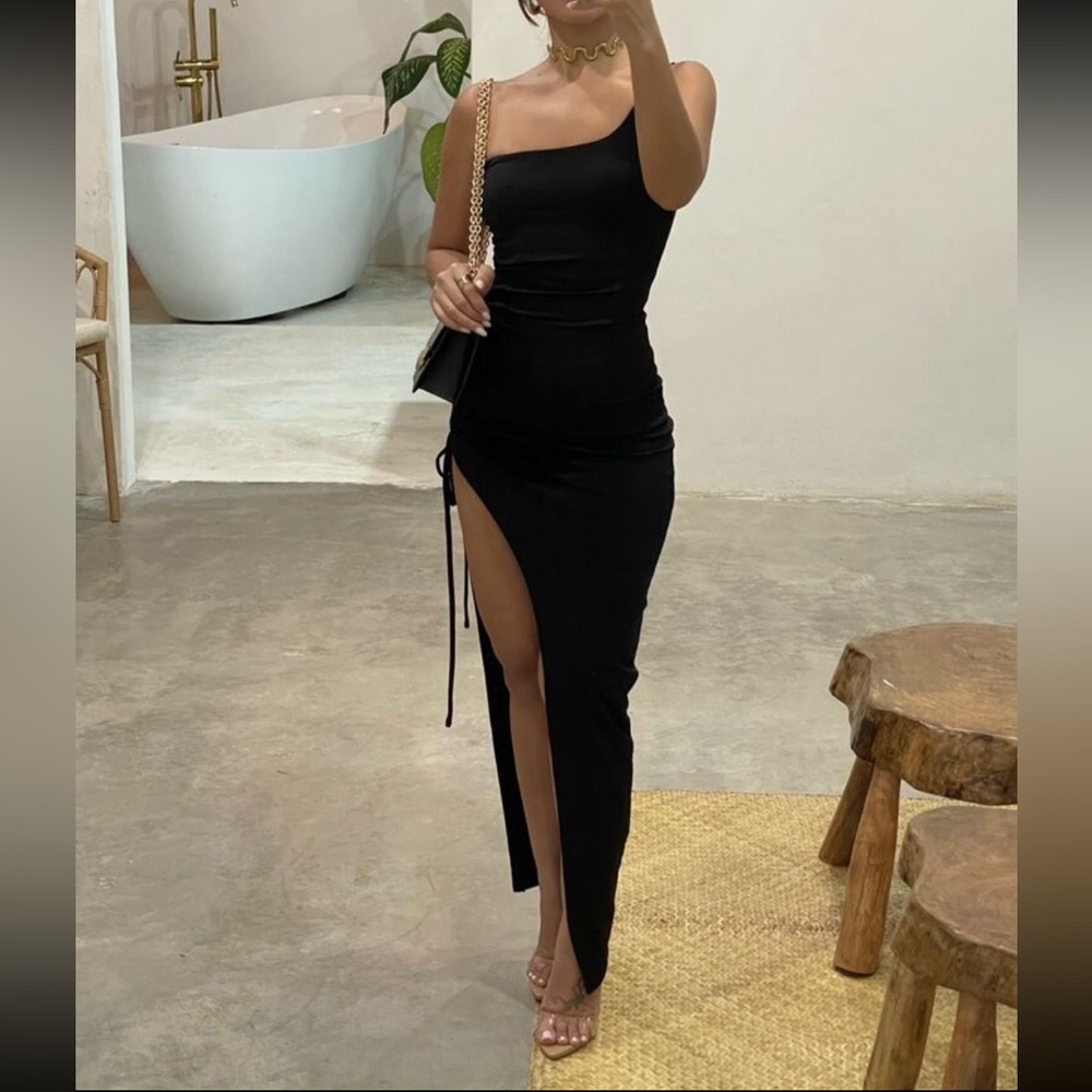 New one shoulder high slit ruched side maxi dress~